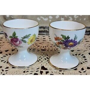 Pair of Vintage Oakley England Bone China Gold Rim Egg Cups Floral Pattern 2.75"